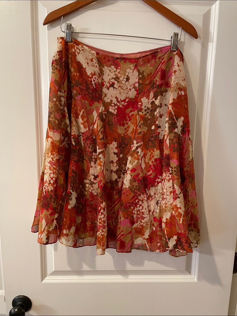 Sigrid Olsen Floral A-Line Skirt in Orange, Pink and Brown 100% Silk.